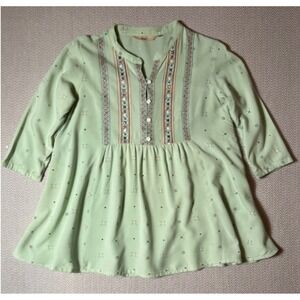 Sage Green Embroidered Peasant Top L Boho Cottagecore Tunic Blouse Flowy